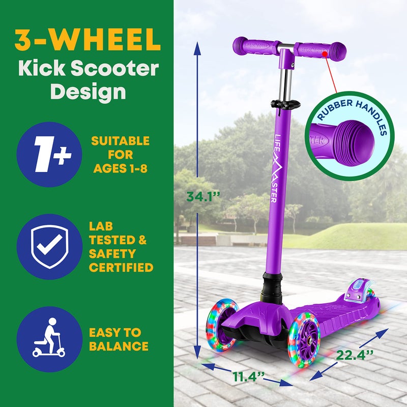 Lifemaster Kids Scooter – Children and Toddler 3 Wheel Kick Scooter – LED Wheel Lights Illuminate When Rolling– Adjustable Handlebar – Indoor and Outdoor Purple - Image 5