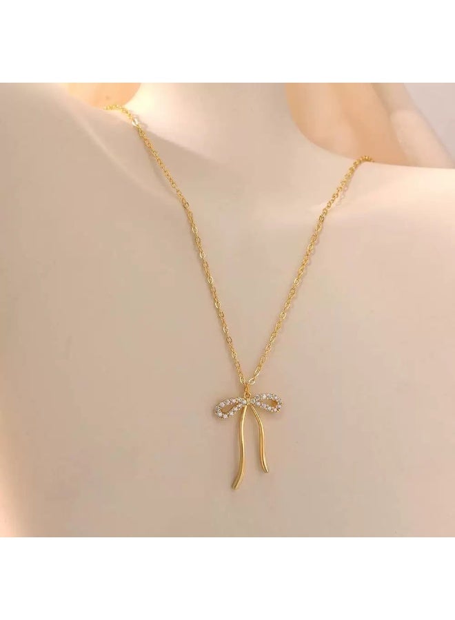 S925 Sterling Silver Ribbon Bow Zircon Pendant Necklace – Sweet & Fashionable Niche Design Choker for Women - Image 3