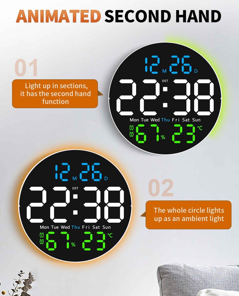 GLOKUUCA 10 Inch Large Digital Wall Clock with 9 Color Changing Remote Control, Date Week Temperature, Auto Brightness Dimmer Clock Night Lights,Blue+Green - Image 5