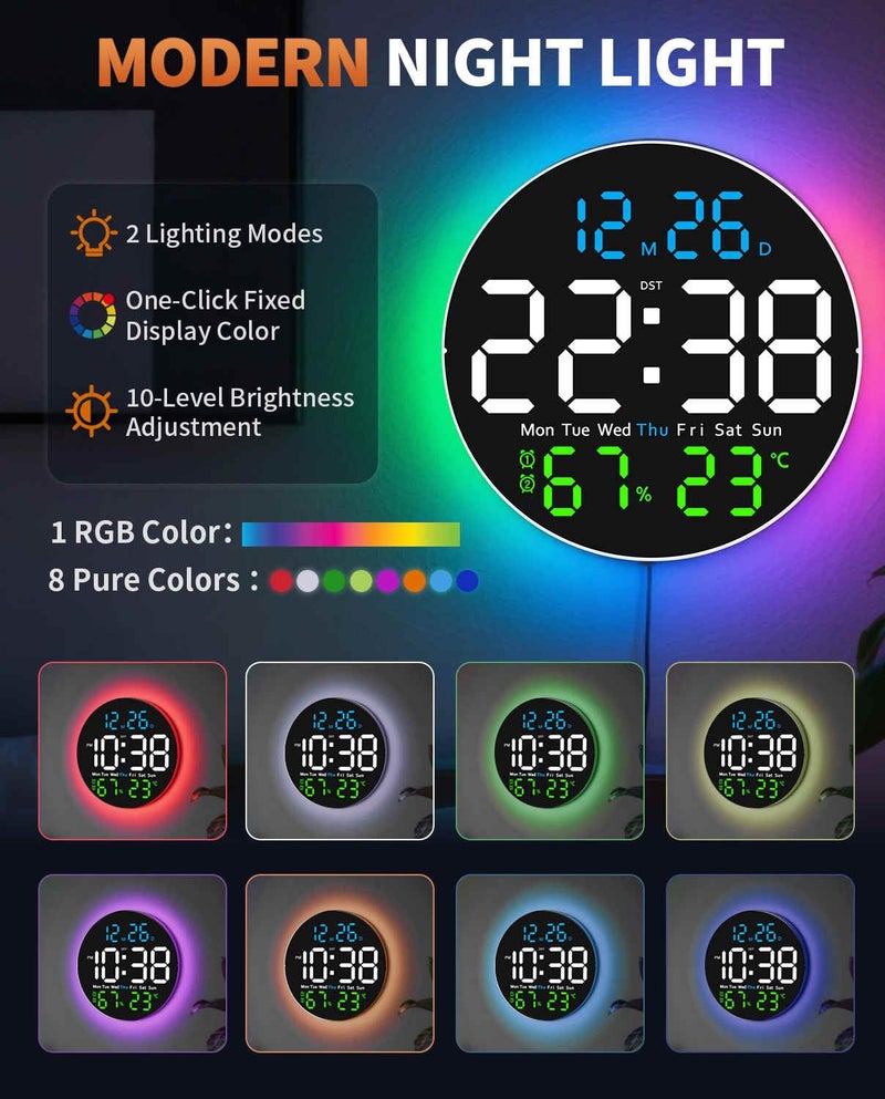 GLOKUUCA 10 Inch Large Digital Wall Clock with 9 Color Changing Remote Control, Date Week Temperature, Auto Brightness Dimmer Clock Night Lights,Blue+Green - Image 4