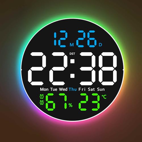 GLOKUUCA 10 Inch Large Digital Wall Clock with 9 Color Changing Remote Control, Date Week Temperature, Auto Brightness Dimmer Clock Night Lights,Blue+Green - Image 1