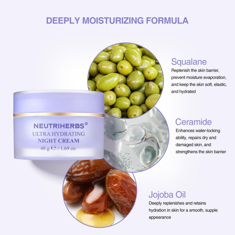NEUTRIHERBS كريم الليل المرطب الفائق من نيوترهيربز، مرطب للوجه مع زيت الجوجوبا، سيراميد، سكوالان، كريم وجه ليلي للبشرة الجافة والمجففة، يغذي البشرة بعمق - 1.69 أونصة - Image 3
