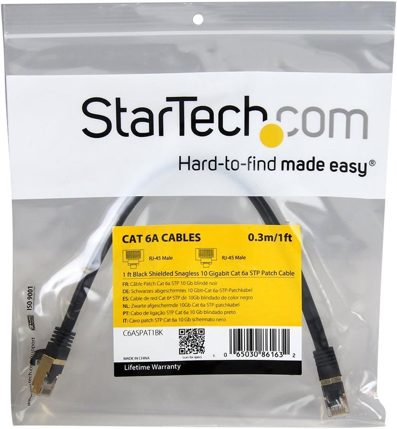 StarTech .com 1ft CAT6a Ethernet Cable - 10 Gigabit Shielded Snagless RJ45 100W PoE Patch Cord - 10GbE STP Network Cable w/Strain Relief - Black Fluke Tested/Wiring is UL Certified/TIA (C6ASPAT1BK) - Image 3