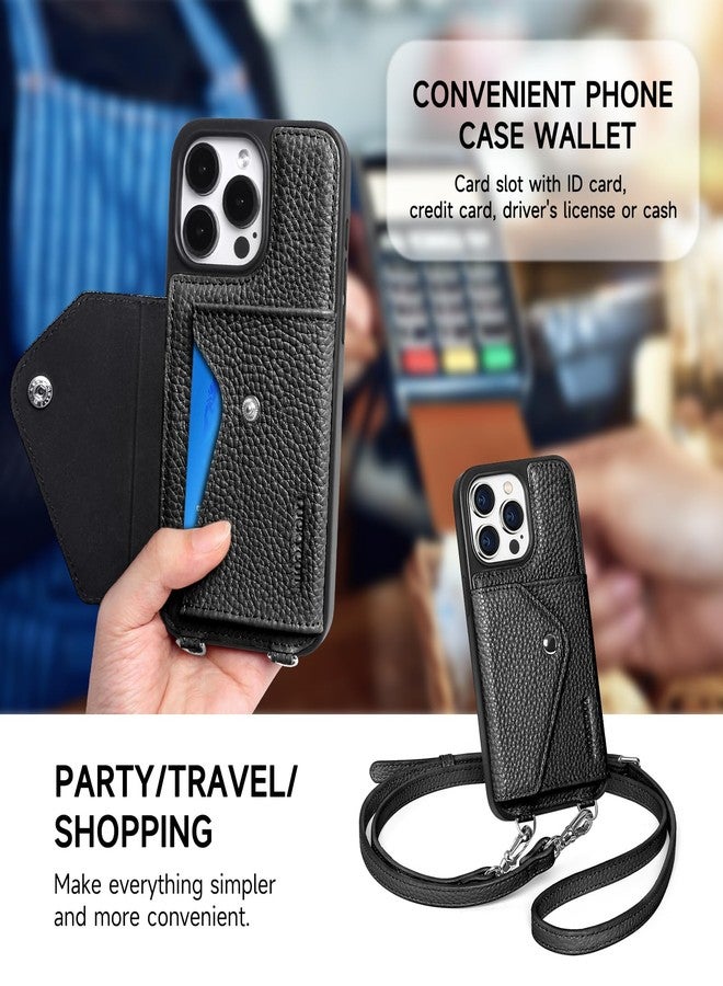 جراب LUCKYCOIN لهاتف iPhone 15 Pro للنساء، جراب محفظة قابل للطي مع حامل بطاقات قابل للتوسيع، محفظة هاتف من الجلد الطبيعي مع حزام، متوافق مع iPhone 15 Pro 6.1 بوصة 2024 أسود - Image 5