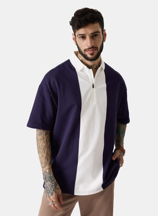 The Souled Store The Souled Store Men Oversized Fit Colourblocked Navy Blue Polo
