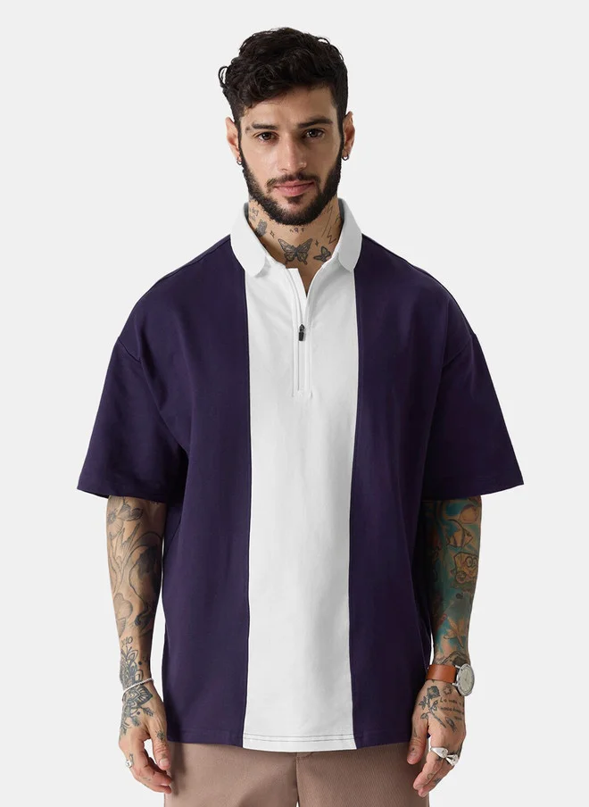 The Souled Store  The Souled Store Men Oversized Fit Colourblocked Navy Blue Polo  | Best Price UAE