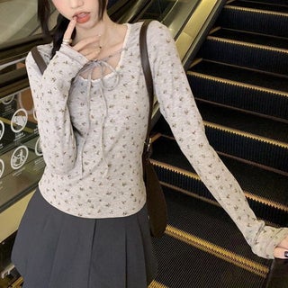 Cross-border factory warm velvet lace-up floral long sleeve T-shirt womens autumn and winter new slim-fit bottoming shirt top Grey Velvet Top - pzsku/ZD38172148EDACEBEFBB0Z/45/1746210804/c671b9cd-a57c-4bd8-90c4-66bc91eadf27