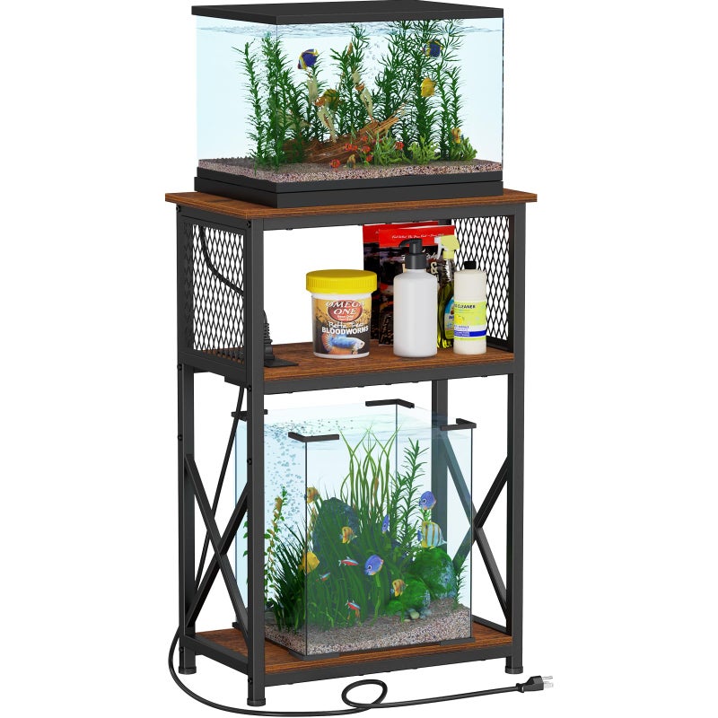 Snughome 10 Gallon Fish Tank Stand with Power Outlets, Aquarium Stand with Storage, 3 Tier Heavy Metal Reptile Tank Stand Fish Tank Shelf 20.47" x 11.42" x 30.91", Rustic Brown - Image 1