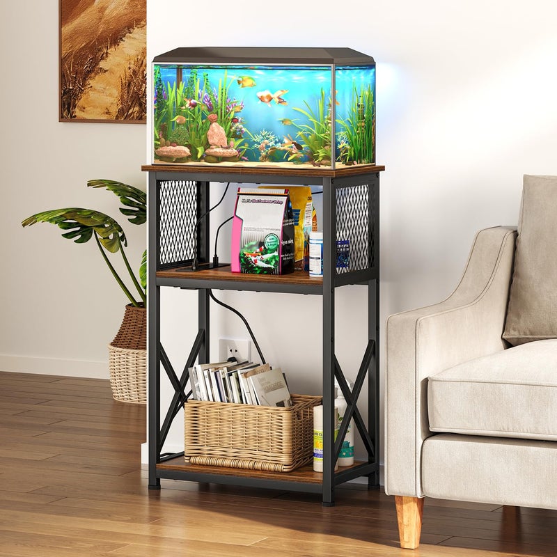 Snughome 10 Gallon Fish Tank Stand with Power Outlets, Aquarium Stand with Storage, 3 Tier Heavy Metal Reptile Tank Stand Fish Tank Shelf 20.47" x 11.42" x 30.91", Rustic Brown - Image 2