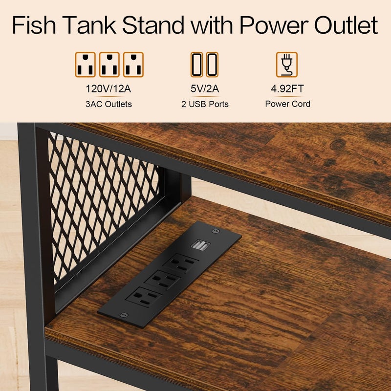 Snughome 10 Gallon Fish Tank Stand with Power Outlets, Aquarium Stand with Storage, 3 Tier Heavy Metal Reptile Tank Stand Fish Tank Shelf 20.47" x 11.42" x 30.91", Rustic Brown - Image 4