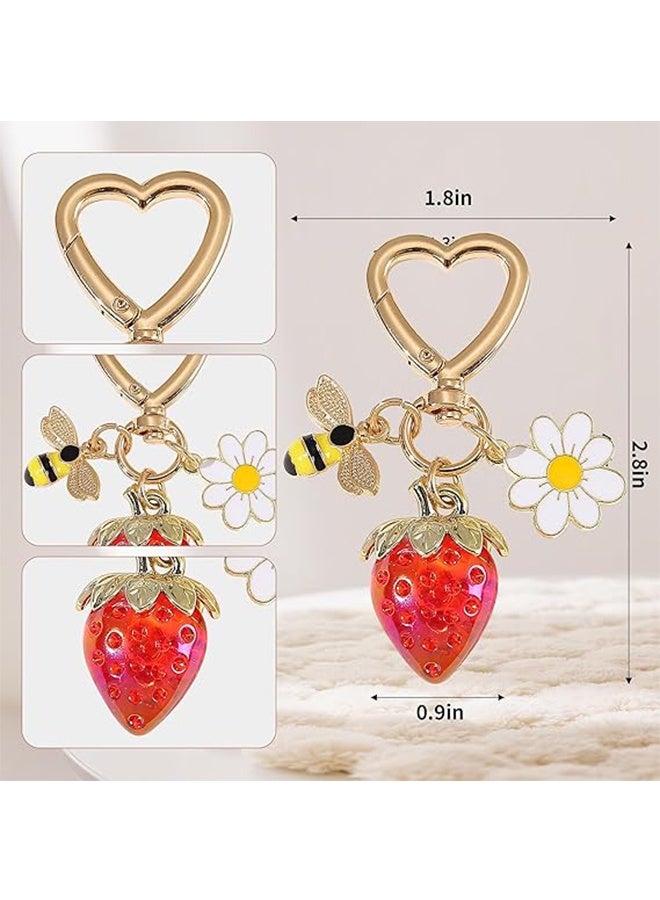 HY Cute Strawberry Keychain for Women, Kawaii Bag Charm with Daisy, Purse Accessories for Girls Backpack, Car Keys, Bag - Image 3