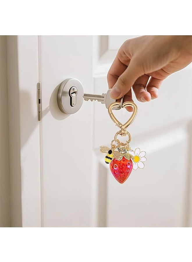 HY Cute Strawberry Keychain for Women, Kawaii Bag Charm with Daisy, Purse Accessories for Girls Backpack, Car Keys, Bag - Image 4