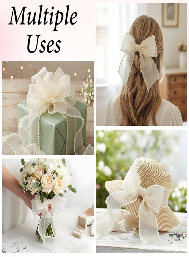 Nogeqi 1.5 Inch Faux Pearl Ribbon, Smooth Creamy White Ribbon with Pearl Edges Wire, 5 Yard Sheer Mesh Ribbons for Gift Wrapping, Bows Bouquet Decor Crafts, Wedding Bridal Decorations - Image 3