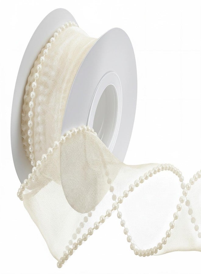 Nogeqi 1.5 Inch Faux Pearl Ribbon, Smooth Creamy White Ribbon with Pearl Edges Wire, 5 Yard Sheer Mesh Ribbons for Gift Wrapping, Bows Bouquet Decor Crafts, Wedding Bridal Decorations - Image 1