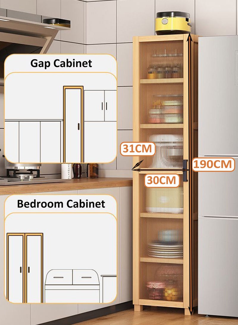 YY-ريشير 6 طبقات خزانة مطبخ ضيقة، خزانة جانبية من الخيزران مع باب لغرفة المعيشة، خزانة زاوية لغرفة المعيشة والمطبخ - Image 2