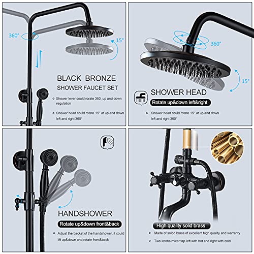 NeierThodore Oil Rubbed Bronze Shower Faucet Set Complete Shower System 8 Rain Shower 2 Cross Knobs Wall Mounted Mixer Bathroom Shower Tub Tap Bathroom Fixtures Wall Mount - Image 3
