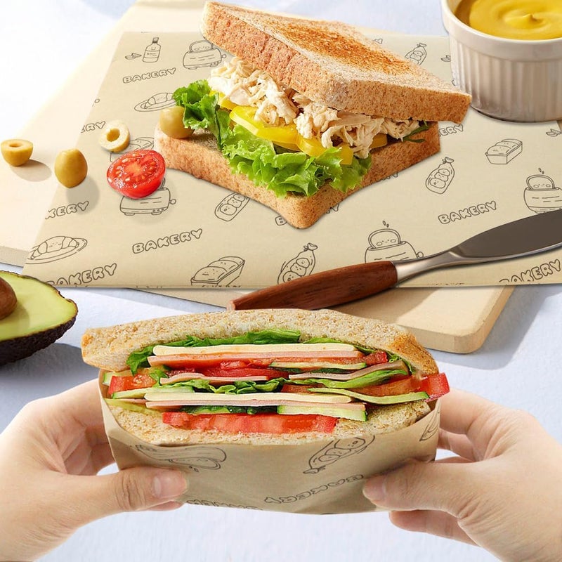 JOGILBOY 50 Pcs Sandwich Wrapping Paper Deli Wraps, Waterproof Oil-proof Picnic Basket Liners Precut Non-Stick Parchment Paper Baking Sheets for Baking, Cooking, Grilling, Air Fryer and Steaming - Image 2