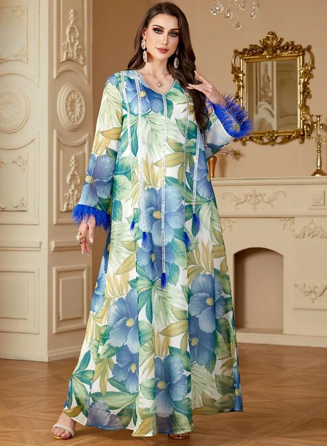 تايك تو Multi-Color Floral Print Feather Trims Maxi Jalabiya