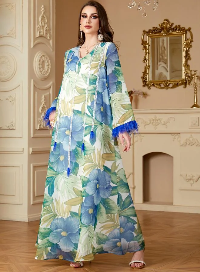 تايك تو Multi-Color Floral Print Feather Trims Maxi Jalabiya