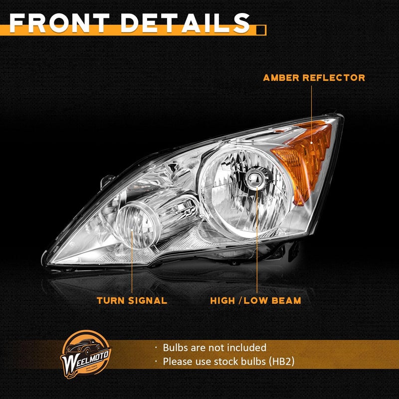 WEELMOTO for 2007-2011 HONDA CR-V EX, EX-L, LX, SE [4-Door Sport Utility] Headlights Pair Headlamp set Chrome Housing Amber Reflector Left+Right Side - Image 5