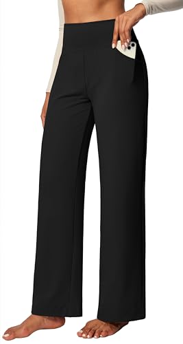 IUGA Yoga Pants Women Wide Leg Pants with Pockets High Waist Stretch Tummy Control Dress Casual Sweatpants Black - Image 1