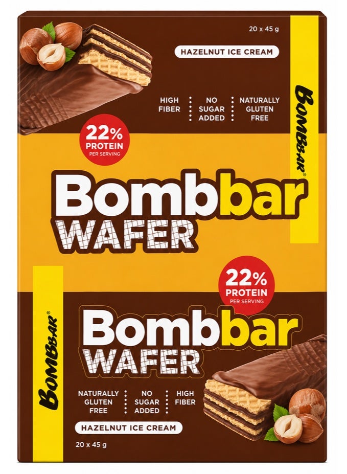 Bombbar Protein Wafer 1 Box (20 Wafers × 45g) / Hazelnut Ice Cream – 10g Protein Per Wafer, Crispy Layered Wafer Snack, Creamy Hazelnut Ice Cream Flavor, High Protein Snack for On-the-Go