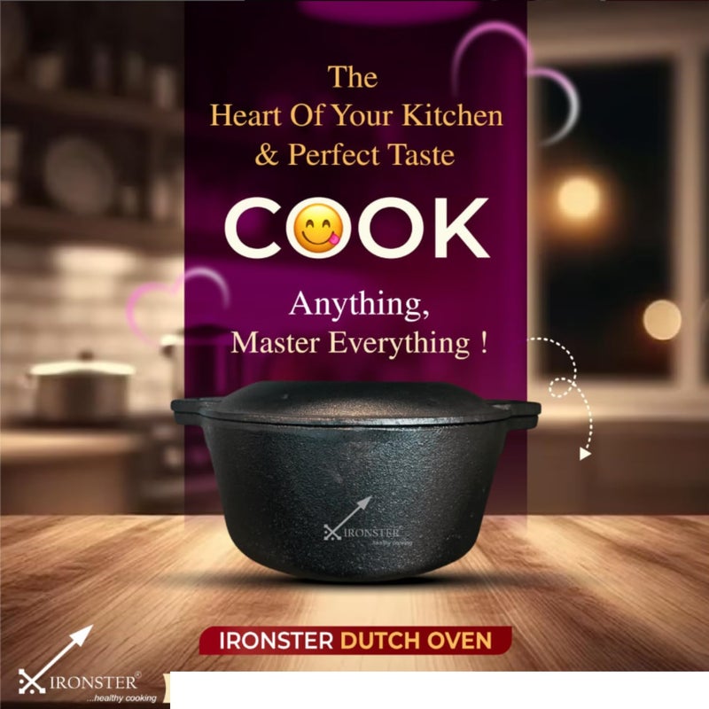 IRONSTER IRONSTER PreSeasoned Cast Iron Dutch Oven Biryani Pot Handi Cast Iron Casserole with Heavy Bottom Cooking Pot with Lid Gas Stove and Induction Compatible Cast Iron Cookware 30cm 48 Litre Black  - Image 3