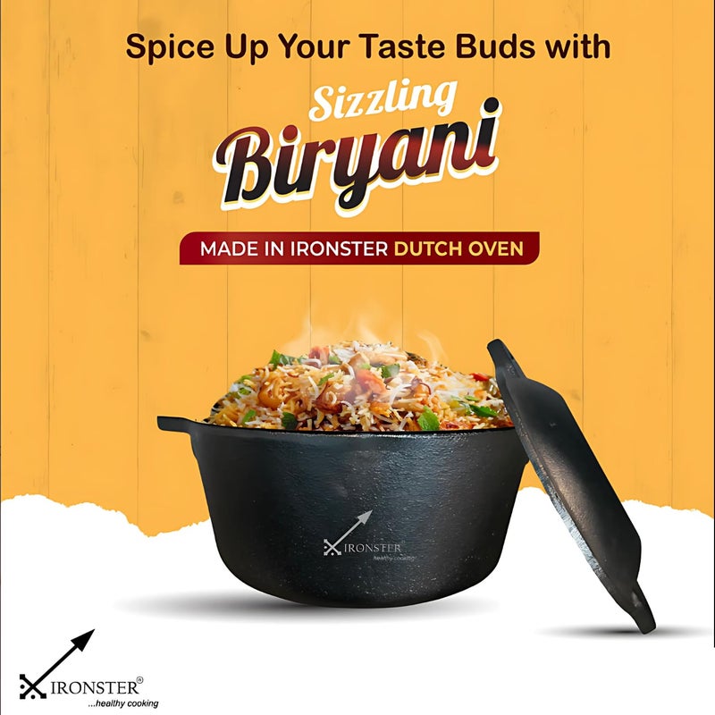 IRONSTER IRONSTER PreSeasoned Cast Iron Dutch Oven Biryani Pot Handi Cast Iron Casserole with Heavy Bottom Cooking Pot with Lid Gas Stove and Induction Compatible Cast Iron Cookware 30cm 48 Litre Black  - Image 2