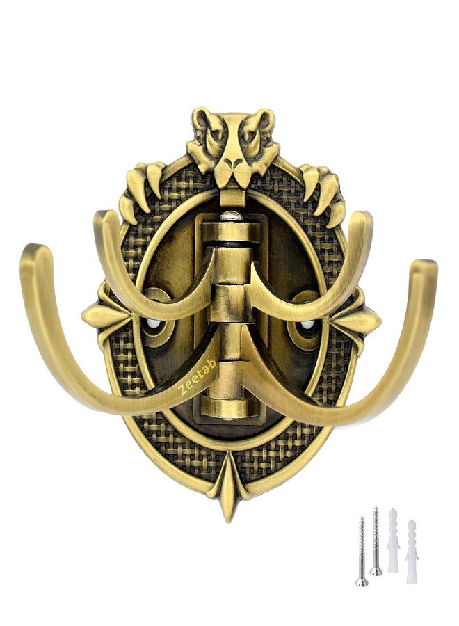 Zeetab Adjustable Cloth Hanger with 4 Hook | Royal Wall Mount Brass Key Holder | Antique Metal Rail & Robe for Bathroom Towel (Pack of 1, Lion Antique) - Image 1