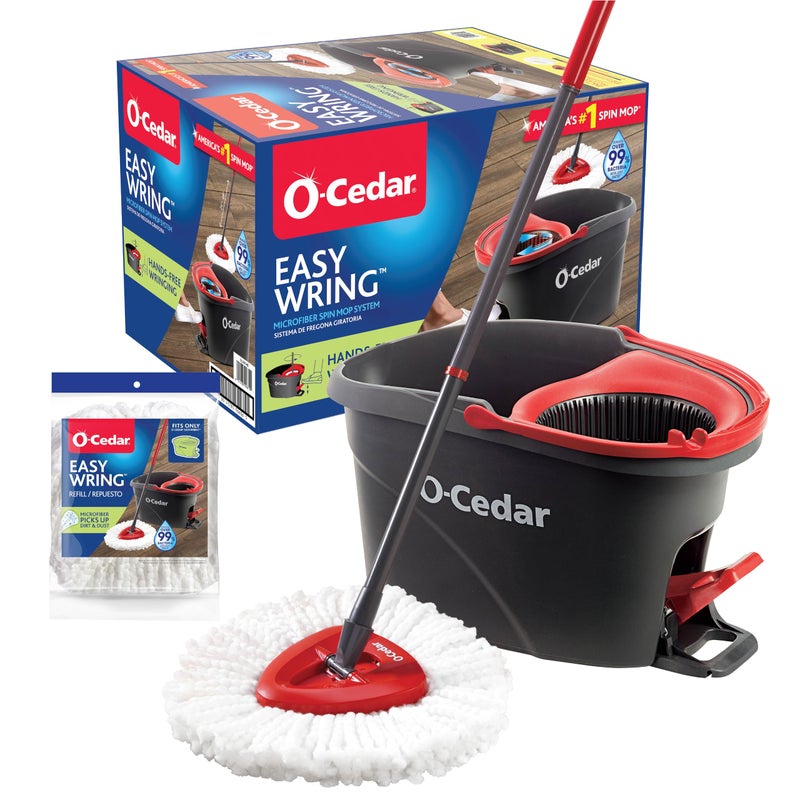 o cedar O-Cedar Easywring Microfiber Spin Mop & Bucket Floor Cleaning System with 1 Extra Refill,Red / Gray - Image 1