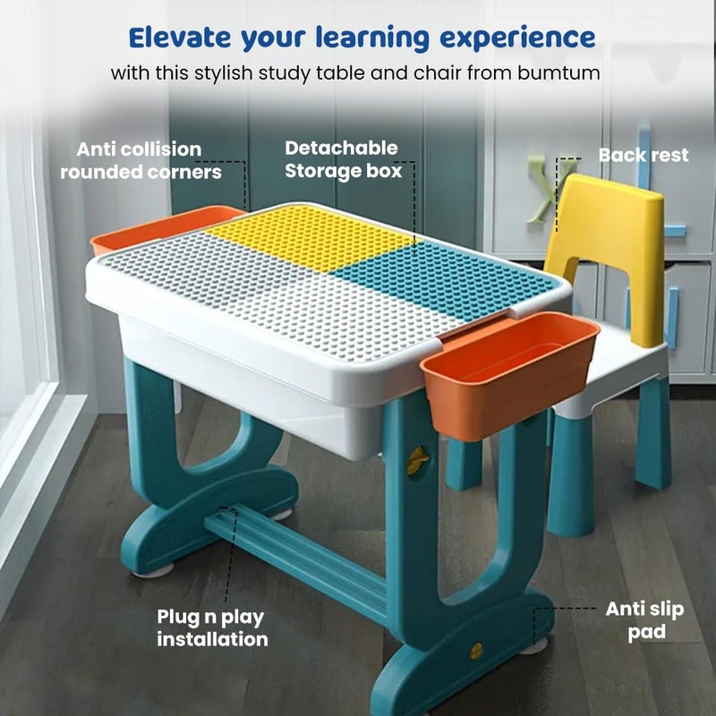 Bumtum Bumtum Junior Study Table Chair Set for 210 Years Kids Height Adjustment Plug Multipurpose Foldable Desk Set with Storage Easy Installation Kids Desk Set Multicolour  - Image 4