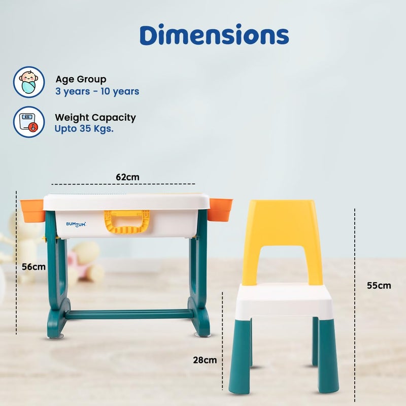 Bumtum Bumtum Junior Study Table Chair Set for 210 Years Kids Height Adjustment Plug Multipurpose Foldable Desk Set with Storage Easy Installation Kids Desk Set Multicolour  - Image 5