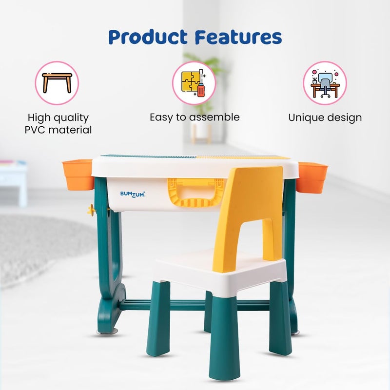 Bumtum Bumtum Junior Study Table Chair Set for 210 Years Kids Height Adjustment Plug Multipurpose Foldable Desk Set with Storage Easy Installation Kids Desk Set Multicolour  - Image 3