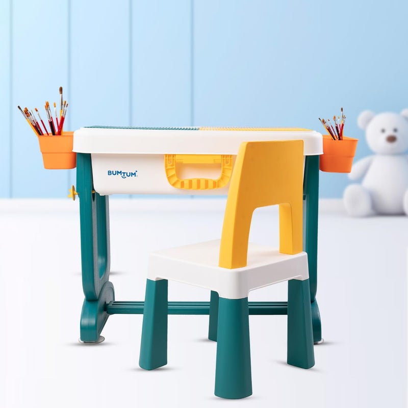Bumtum Bumtum Junior Study Table Chair Set for 210 Years Kids Height Adjustment Plug Multipurpose Foldable Desk Set with Storage Easy Installation Kids Desk Set Multicolour  - Image 1
