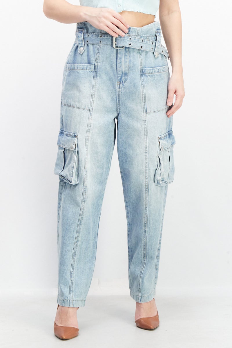 Blank NYC Women Regular Fit Belt Non-Stretchable Wash Denim Jeans, Blue - Image 1