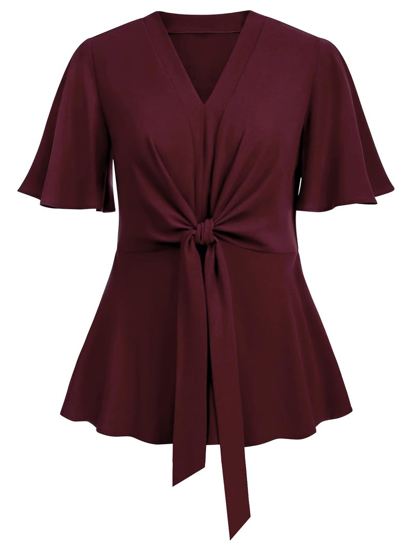 SCOMCHIC 2024 Women's Plus Size Peplum Tops Elegant V Neck Tie Front Bell Sleeve Flowy Blouses Shirts Burgundy 2XL - Image 1