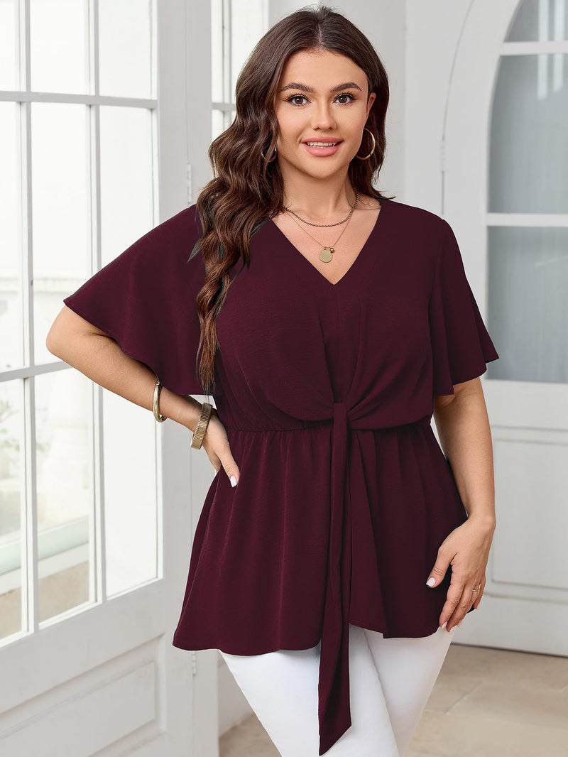 SCOMCHIC 2024 Women's Plus Size Peplum Tops Elegant V Neck Tie Front Bell Sleeve Flowy Blouses Shirts Burgundy 2XL - Image 4