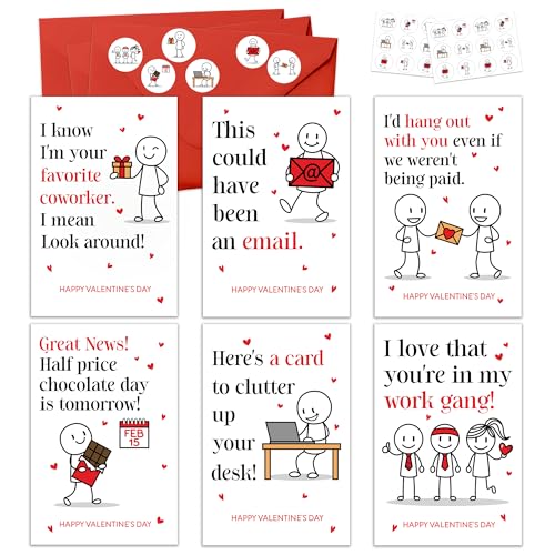 KATLADIZ 24 Packs Coworker Valentine Cards - Valentines Cards for Coworkers - The Office Valentines Day Card for Coworkers, Employees - 4.0''x 6.0'' Funny 6 Designs Card with Envelopes, Stickers - Image 1