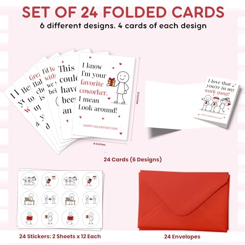 KATLADIZ 24 Packs Coworker Valentine Cards - Valentines Cards for Coworkers - The Office Valentines Day Card for Coworkers, Employees - 4.0''x 6.0'' Funny 6 Designs Card with Envelopes, Stickers - Image 2