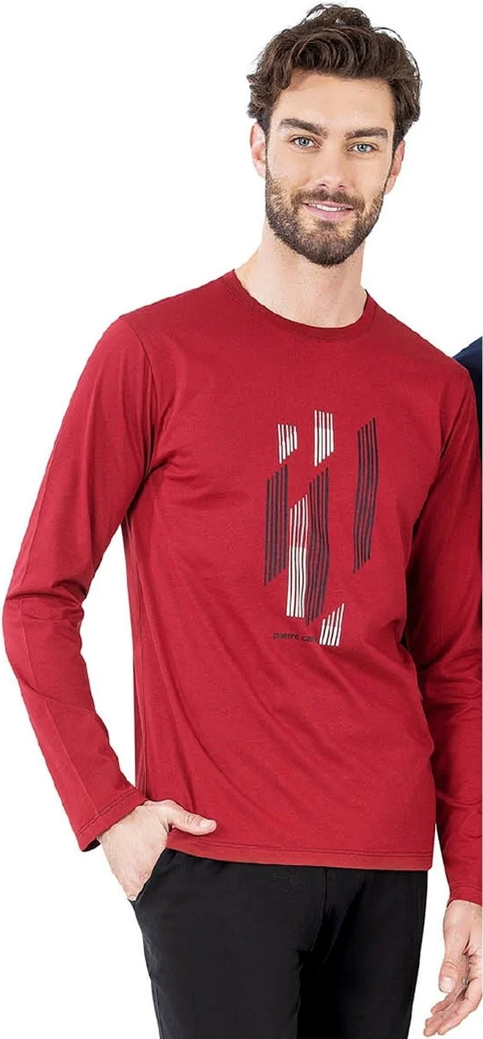 بيير كاردان 6063 Men's Long Sleeve Crew Neck Pajama Set-Burgundy