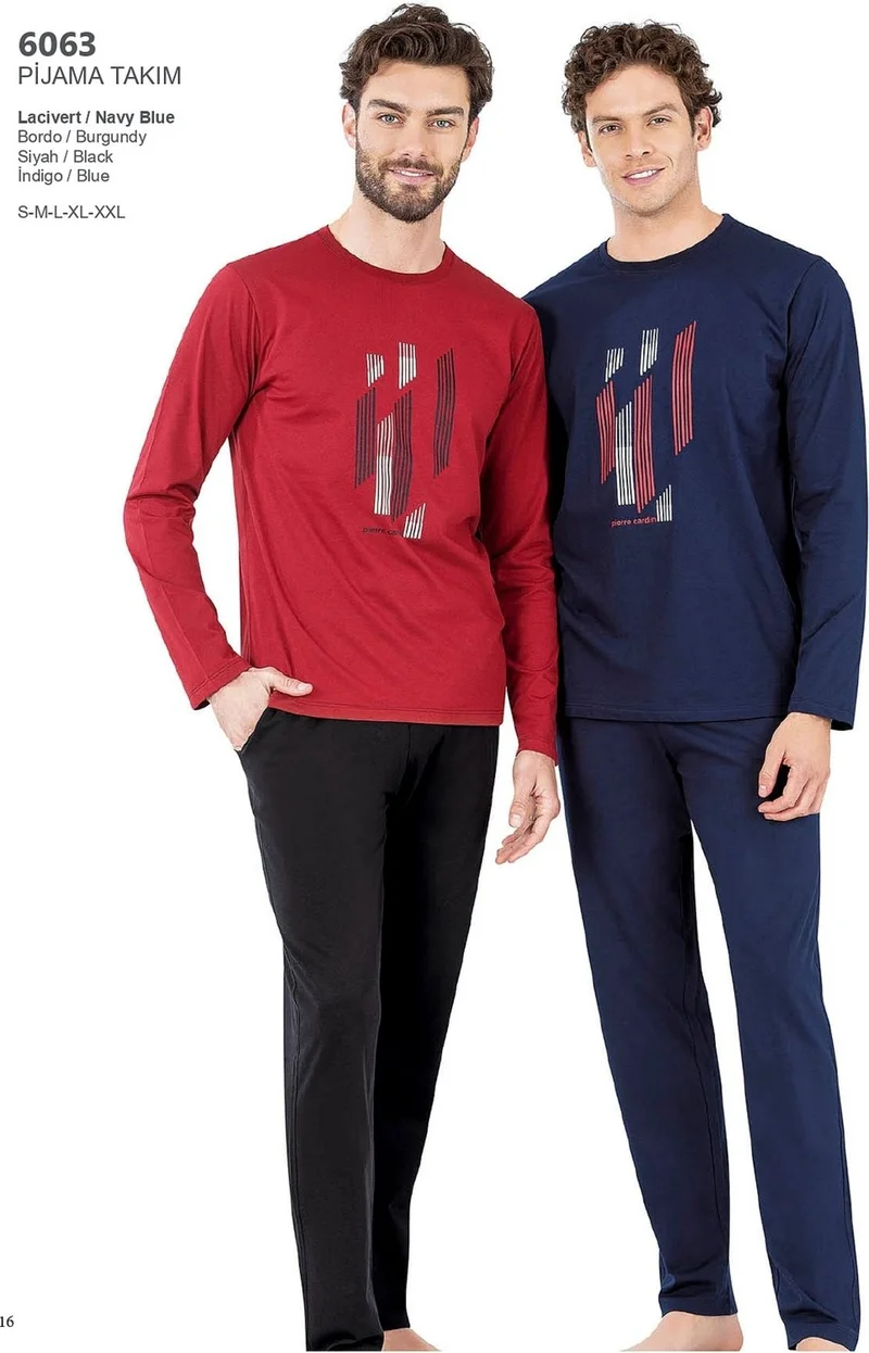 بيير كاردان 6063 Men's Long Sleeve Crew Neck Pajama Set-Burgundy
