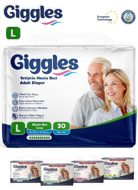 Giggles 30 Pieces Adult Diapers Briefs Turkish Made with Extra Dryness Layer and Wetness Indicator Large Size