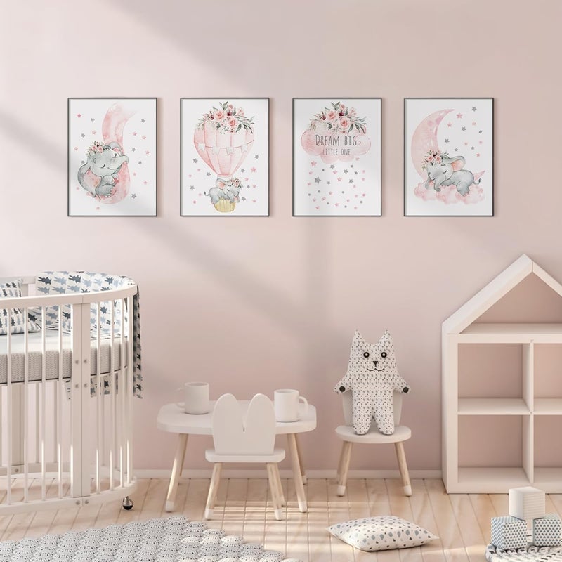 Canssape Pink Elephant Nursery Wall Decor Set of 4 Baby Girl Room Decor Elephant Wall Art Goodnight On A Hot Air Balloon |Dream Big Little One|Baby Room Wall Decor(12"x16")(Unframed) - Image 3