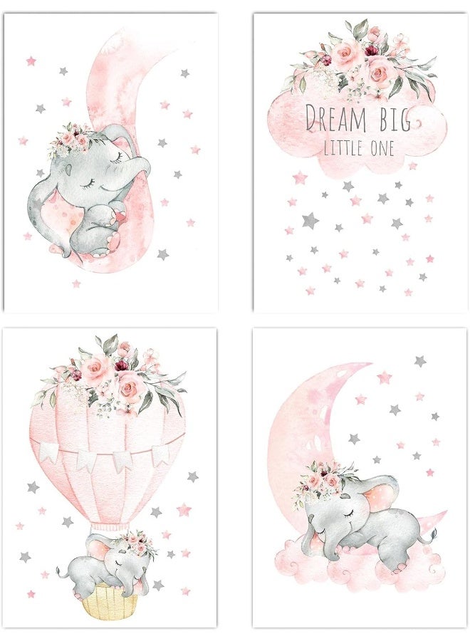 Canssape Pink Elephant Nursery Wall Decor Set of 4 Baby Girl Room Decor Elephant Wall Art Goodnight On A Hot Air Balloon |Dream Big Little One|Baby Room Wall Decor(12"x16")(Unframed) - Image 1