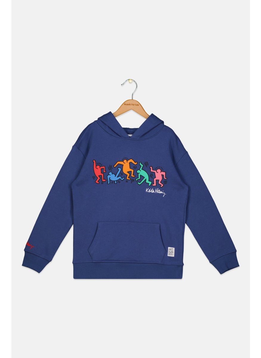 Keith Haring Kids Girl Hooded Neck Long Sleeve Graphic Sweatshirt, Blue  - Image 1