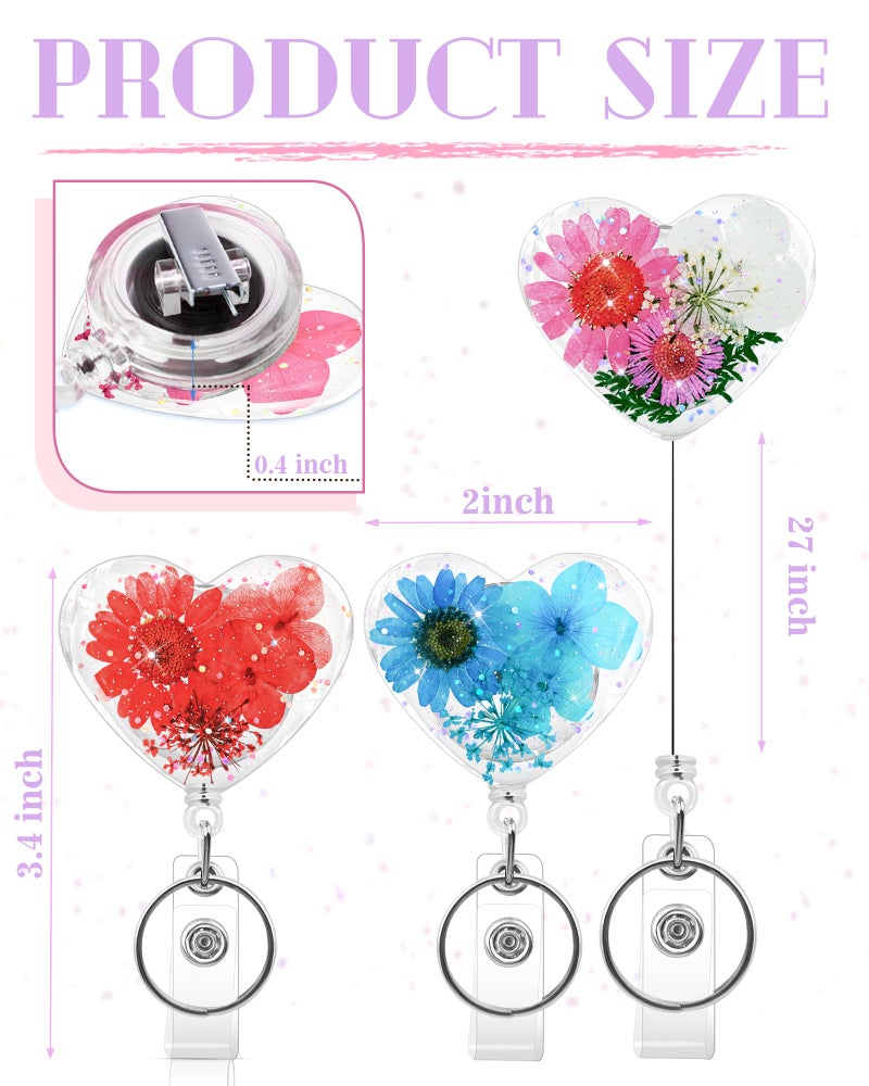KJQJLY 3 Pcs Cute Flower Badge Reels Retractable for Nurse, Dried Floral Resin Badge Holder with Key Ring, Decorative Nursing Badge Clip for Women Doctor Teacher ID Card (Heart Style 2) - Image 2