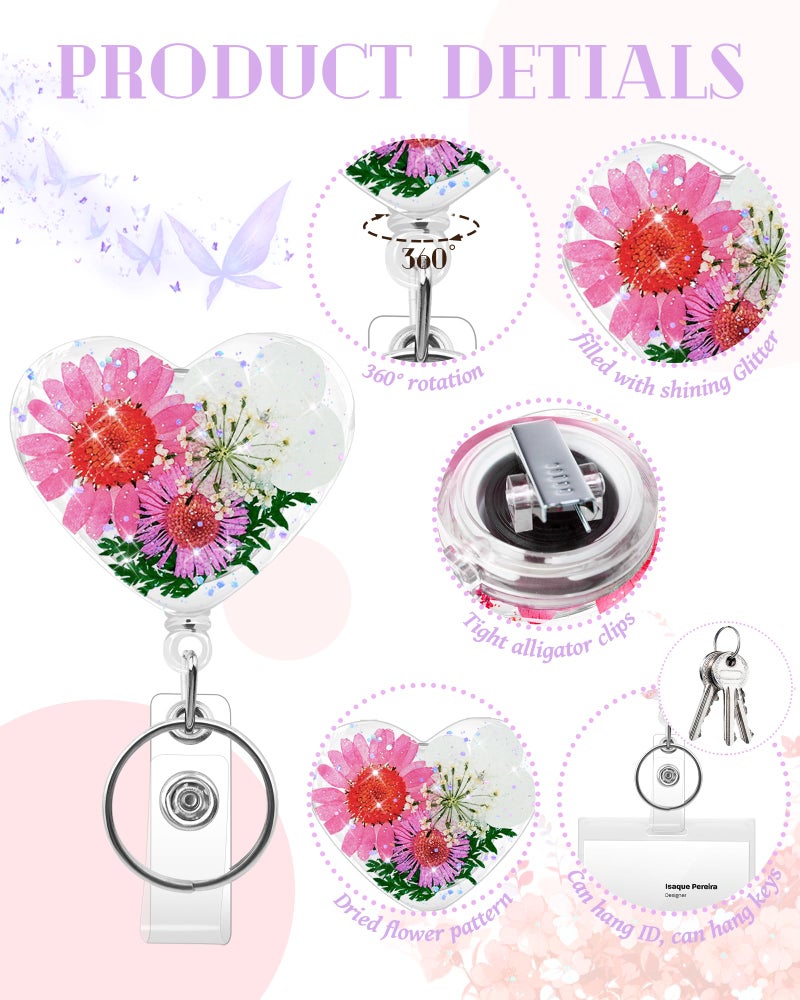 KJQJLY 3 Pcs Cute Flower Badge Reels Retractable for Nurse, Dried Floral Resin Badge Holder with Key Ring, Decorative Nursing Badge Clip for Women Doctor Teacher ID Card (Heart Style 2) - Image 3