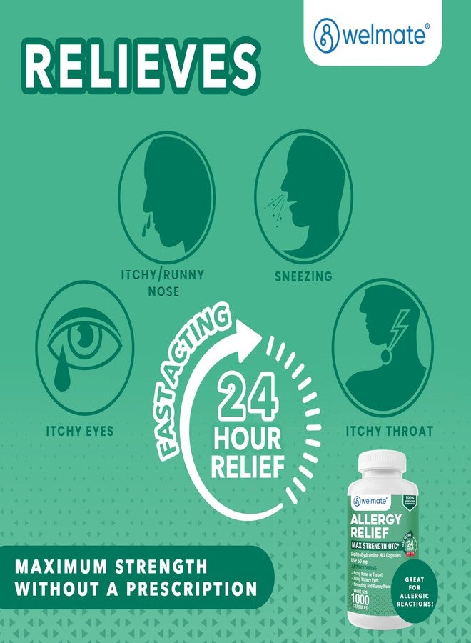 WELMATE Allergy Relief - Diphenhydramine 50 mg - 1000 Count Capsules - Antihistamine - Allergy & Cold Symptoms - Sneezing, Runny Nose, Itchy Eyes & Throat - Image 5