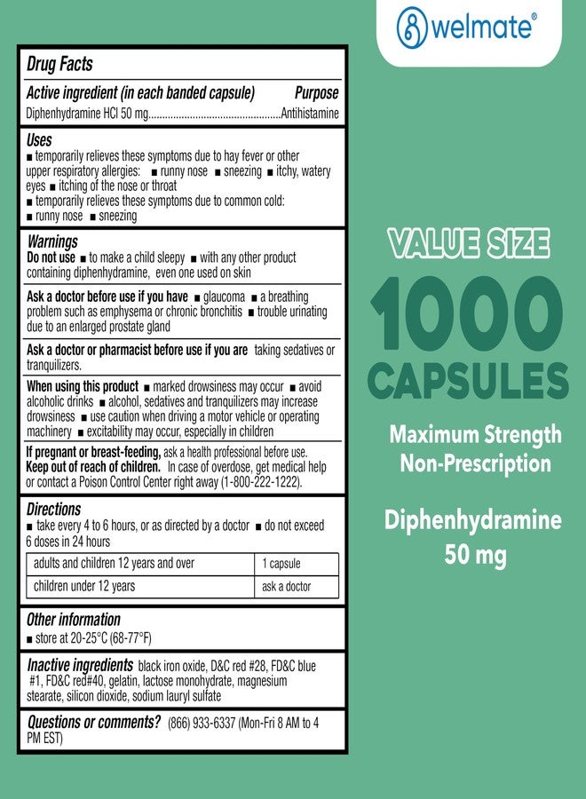 WELMATE Allergy Relief - Diphenhydramine 50 mg - 1000 Count Capsules - Antihistamine - Allergy & Cold Symptoms - Sneezing, Runny Nose, Itchy Eyes & Throat - Image 4