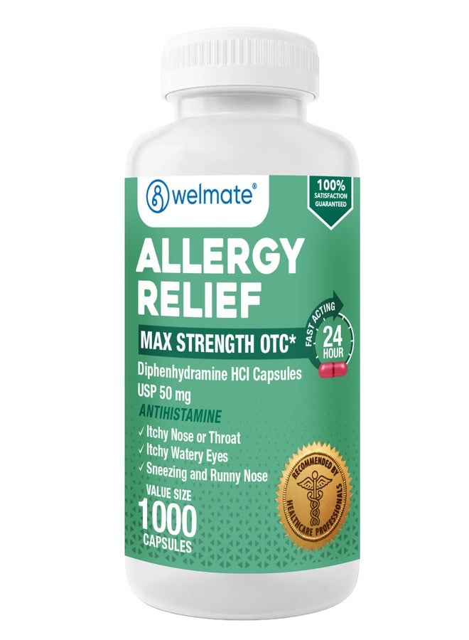 WELMATE Allergy Relief - Diphenhydramine 50 mg - 1000 Count Capsules - Antihistamine - Allergy & Cold Symptoms - Sneezing, Runny Nose, Itchy Eyes & Throat - Image 1